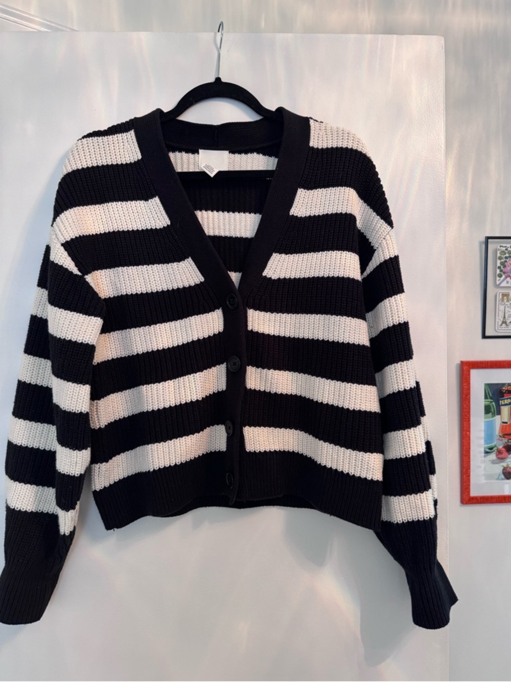 H&M Black & White Striped V-Neck Button Front Women's Cardigan, Small